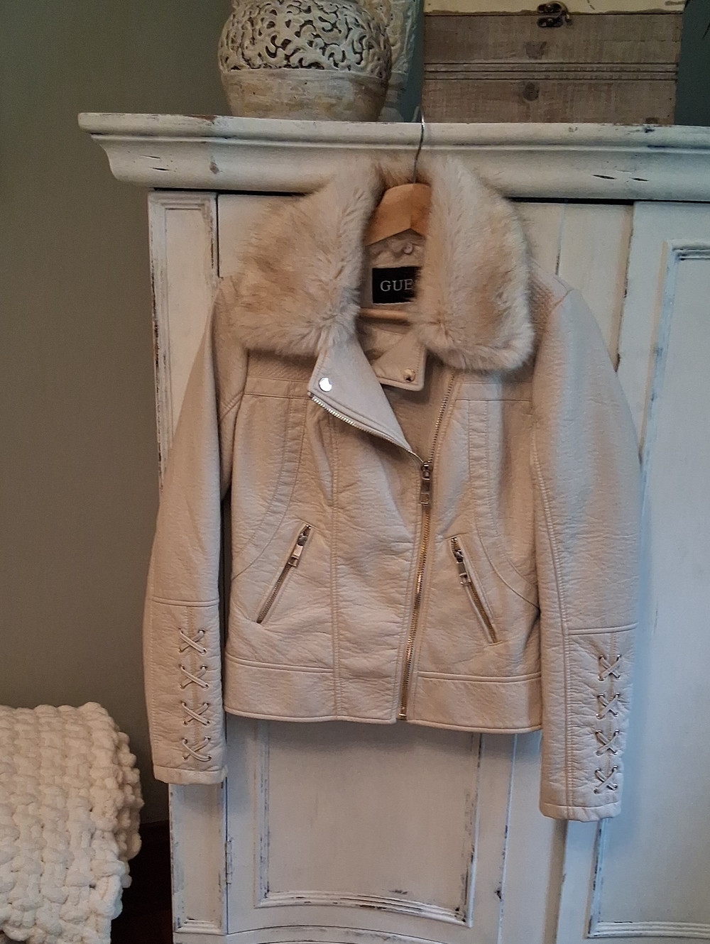 GUESS Cream Faux-Fur Collar Leather-Look Jacket